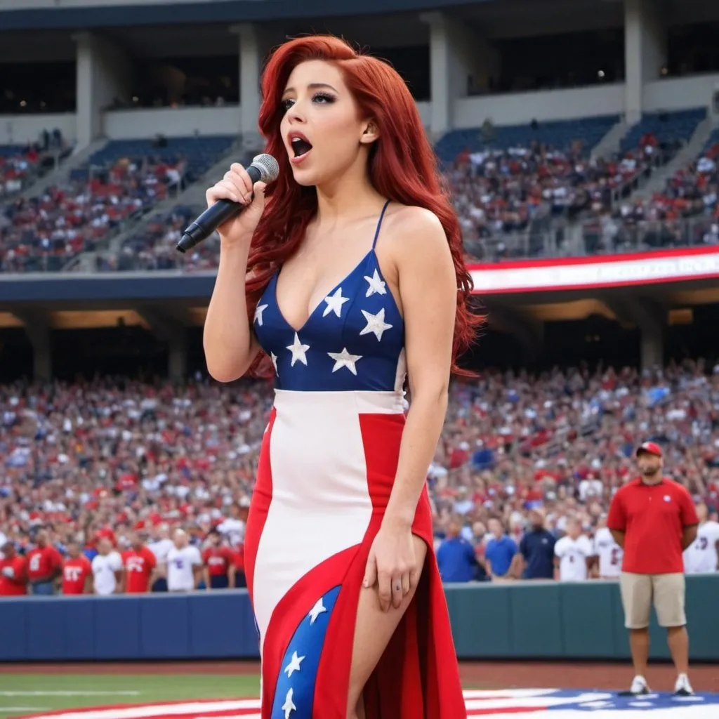 Prompt: Ariel wearing a dress with a high slit while singing the US national anthem at a sports game.