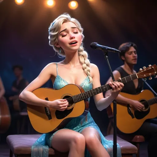 Prompt: (Elsa),  singing a ballad in a concert, emotional performance, acoustic guitar, sitting down, wearing revealing slit to the thigh dress (showing off her legs), (tears coming out of her eyes), vibrant colors, warm lighting, (dreamy atmosphere), stage backdrop, cheerful audience, soft focus, detailed facial expression, enchanting surroundings, intense gaze, HD, (whimsical, emotional,vibe).