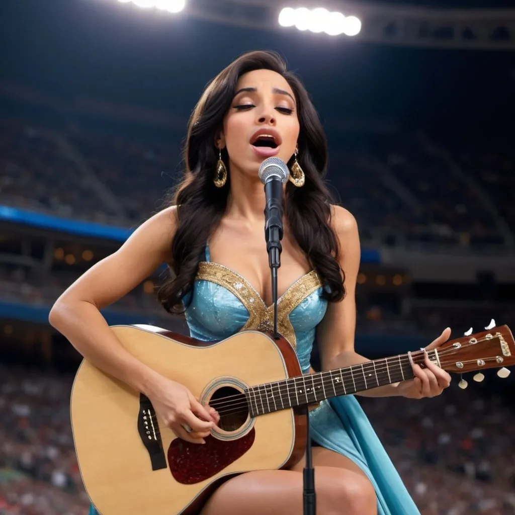 Prompt: Princess Jasmine wearing a high slit to the waist dress while singing the US national anthem at a sports game while sitting down and playing her acoustic guitar.