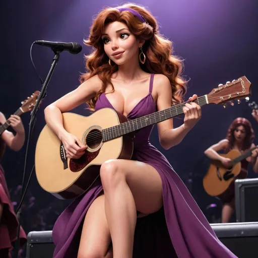 Prompt: Megara sitting down singing in huge concert strumming her acoustic guitar and wearing extremely reveaing slit to the thigh and waist dress and showing off her legs.