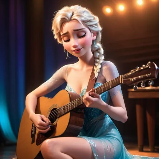 Prompt: (Elsa), emotional performance, acoustic guitar, sitting down, wearing revealing slit to the thigh dress (showing off her legs), (tears coming out of her eyes), vibrant colors, warm lighting, (dreamy atmosphere), stage backdrop, cheerful audience, soft focus, detailed facial expression, enchanting surroundings, intense gaze, HD, (whimsical, joyful vibe).