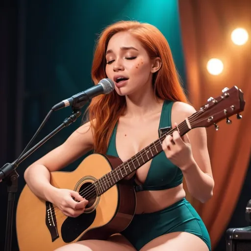 Prompt: (Kim Possible), singing a ballad in a concert, emotional performance, holding an acoustic guitar, sitting down, wearing revealing swimsuit (showing off her legs), (tears coming out of her eyes), vibrant colors, warm lighting, (dreamy atmosphere), stage backdrop, cheerful audience, soft focus, detailed facial expression, enchanting surroundings, intense gaze, HD, (whimsical, emotional,vibe).