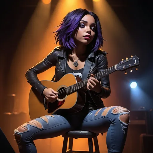 Prompt: Raven from Teen Titans singing in concert sitting down strumming her acoustic guitar wearing very ripped and torn jeans and showing off her legs she is sitting down.