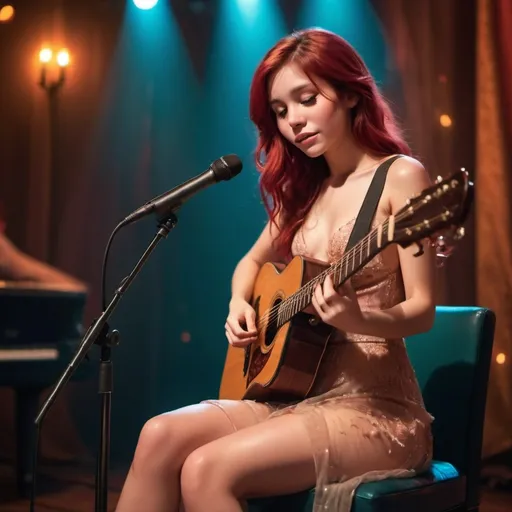 Prompt: (Ariel), emotional performance, acoustic guitar, sitting down, wearing revealing slit to the thigh dress (showing off her legs), (tears coming out of her eyes), vibrant colors, warm lighting, (dreamy atmosphere), stage backdrop, cheerful audience, soft focus, detailed facial expression, enchanting surroundings, intense gaze, HD, (whimsical, joyful vibe).