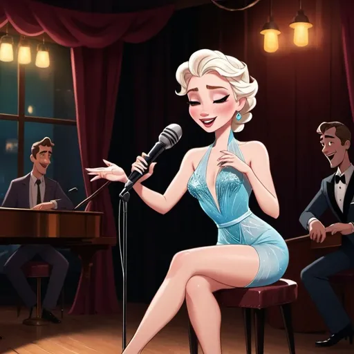 Prompt: Elsa singing in a jazz club as a lounge singer wearing a slit to the thigh and waist dress and sitting down singing into microphone and crossing and showing off her legs.