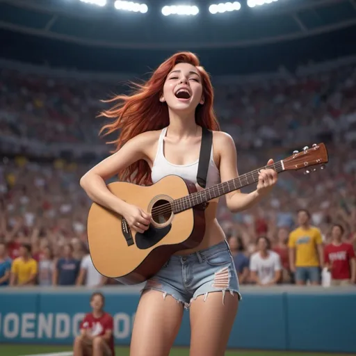 Prompt: (Ariel singing) US national anthem, sitting in a vibrant sports stadium, (strumming an acoustic guitar), casual and relaxed pose, wearing (ripped torn short shorts) showing off her skin, (joyful atmosphere), bright stadium lights, cheering crowd in the background, (4K ultra-detailed) image quality, capturing the energy and emotion of the moment, highlighting the connection between music and sports.