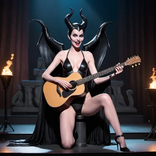 Prompt: Maleficent singing in concert wearing revealing skimpy speedo sitting down and strumming her acoustic guitar show off her legs.