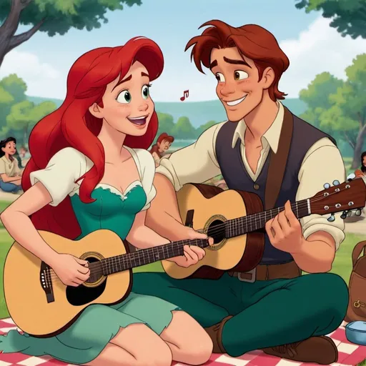Prompt: Ariel playing guitar and singing to Jim Hawkins at a picnic.