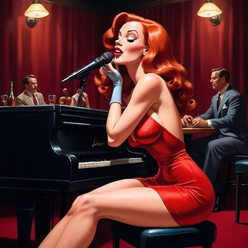 Prompt: Jessica rabbit singing crossing legs sitting down wearing slit on dress in jazz club closing eyes.