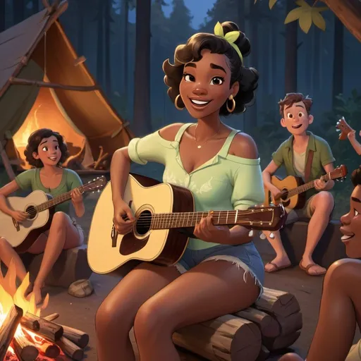 Prompt: Tiana sitting down in a log near a crowded campfire singing wearing very short shorts while strumming her acoustic guitar and crossing her legs.