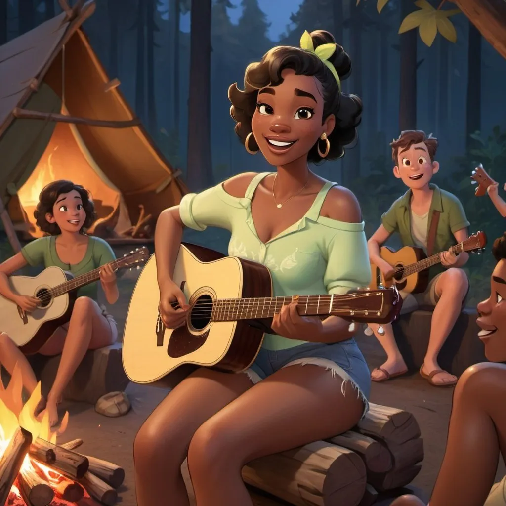 Prompt: Tiana sitting down in a log near a crowded campfire singing wearing very short shorts while strumming her acoustic guitar and crossing her legs.