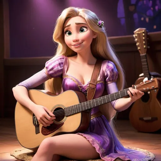 Prompt: Rapunzel from Tangled sitting down singing playing acoustic guitar in concert wearing very skimpy and revealing outfit