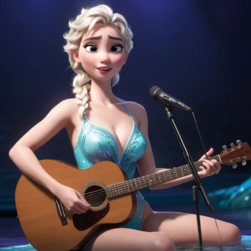 Prompt: Elsa singing in concert wearing swimsuit strumming acoustic guitar she is sitting down