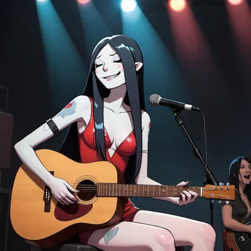 Prompt: Marceline from Adventure Time sitting down singing playing acoustic guitar in concert wearing very skimpy and revealing outfit