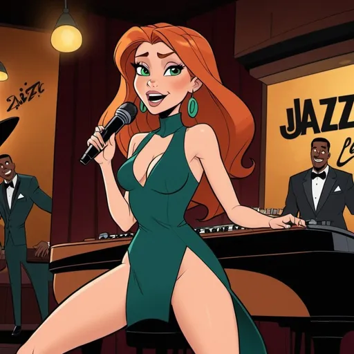 Prompt: Kim Possible singing in a jazz club as a lounge singer sitting down while wearing a extremeley reavealing slit to the thigh and waist dress while crossing her legs.
