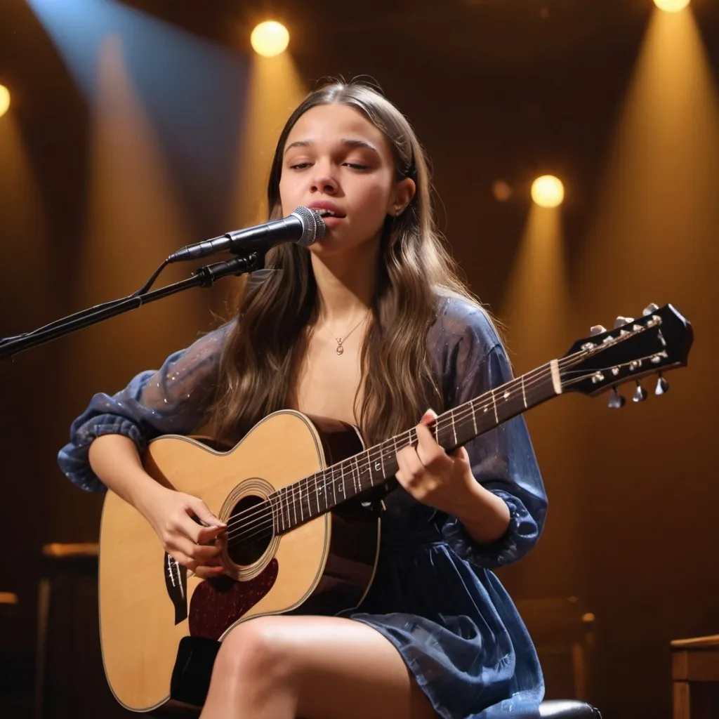 Prompt: Olivia Rodrigo singing at concert sitting down strumming her acoustic guitar wearing a slit to the thigh dress showing off her legs. she sitting down strumming her acoustic and singing an emotional performance.