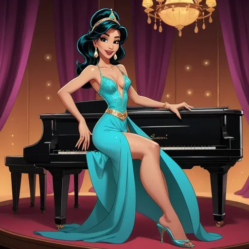 Prompt: Princesss Jasmine singing as a lounge singer with a slit on dress laying down on piano