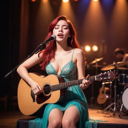 Prompt: (Ariel),  singing a ballad in a concert, emotional performance, acoustic guitar, sitting down, wearing revealing slit to the thigh dress (showing off her legs), (tears coming out of her eyes), vibrant colors, warm lighting, (dreamy atmosphere), stage backdrop, cheerful audience, soft focus, detailed facial expression, enchanting surroundings, intense gaze, HD, (whimsical, emotional,vibe).