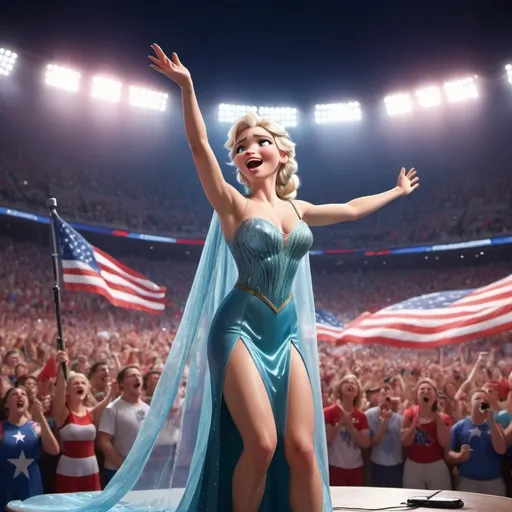 Prompt: (Elsa, wearing a (revealing high slit to the waist dress), singing The Star Spangled Banner, performing at a (sport's game), (acoustic guitar) in hand, (microphone) close, vibrant backdrop of cheering crowd, high-energy atmosphere, (dynamic lighting), showcasing excitement, capturing emotion, (ultra-detailed) and (cinematic), creating a memorable scene of patriotic fervor.