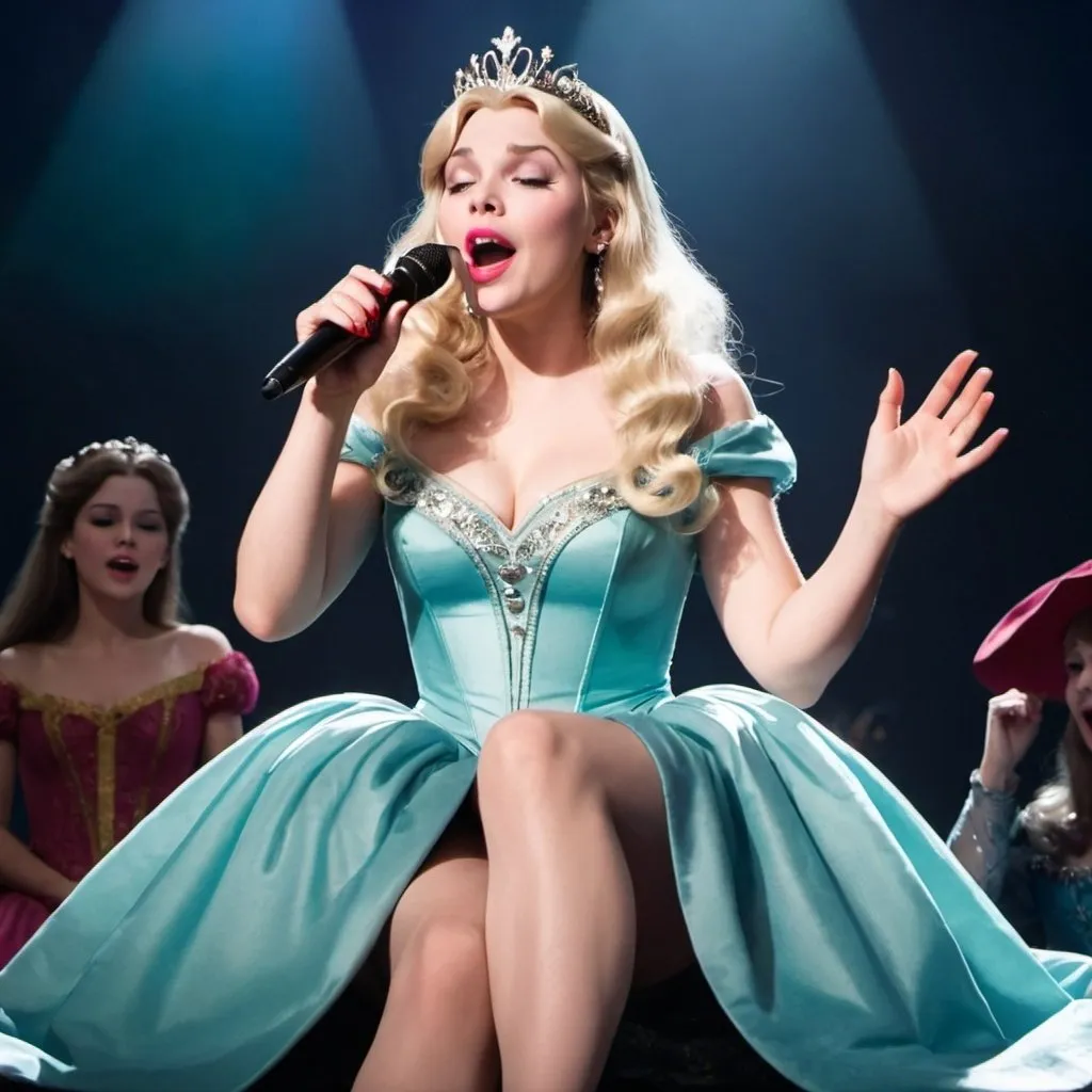 Prompt: Aurora from Sleeping Beauty sitting down singing in huge concert and wearing extremely reveaing slit to the thigh and waist dress and showing off her legs. Holding microphone and singing