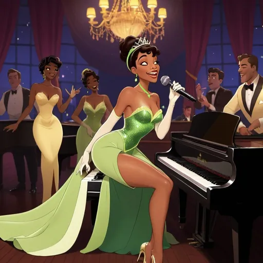 Prompt: Princess Tiana as a lounge singer with slit on dress singing in club laying on piano.