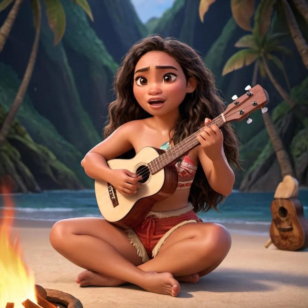 Prompt: Moana sitting down singing in campfire strumming her ukulele and wearing short shorts. 