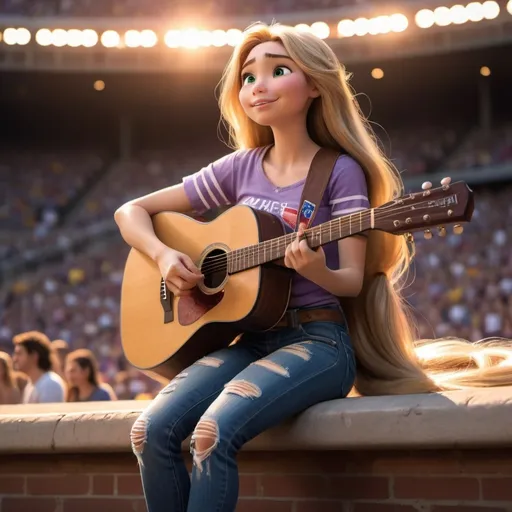 Prompt: Rapunzel singing US national anthem at sport's stadium sitting down strumming an acoustic guitar and wearing ripped torn jeans showing off her skin. Rapunzel is sitting down and strumming her acoustic guitar.