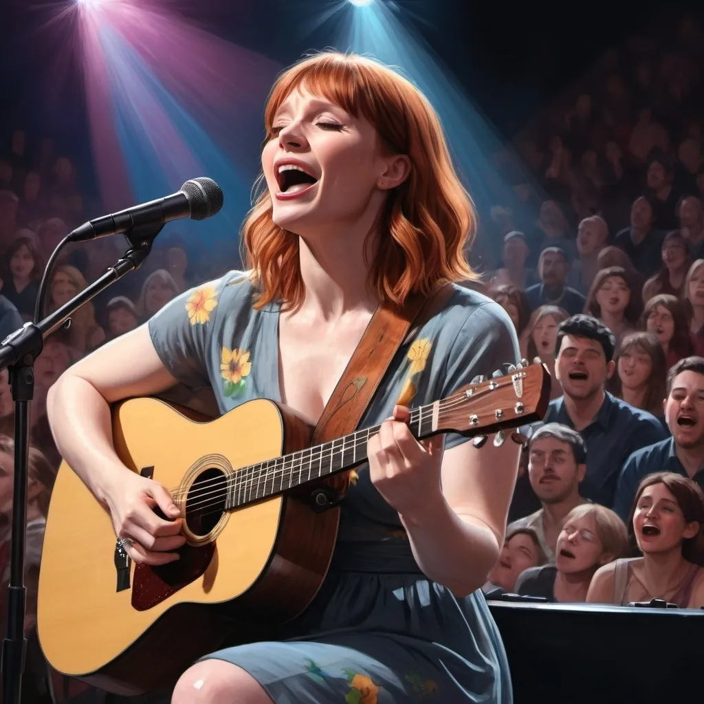 Prompt: (semi-realistic illustration), (Bryce Dallas Howard), singing in concert, playing acoustic guitar, sitting down, messy, juxtaposition of beauty and chaos, emotions of freedom and vulnerability, candid moment, colorful stage lights reflecting, dynamic background crowd energy, 4K and ultra-detailed, striking contrast between music and absurdity.