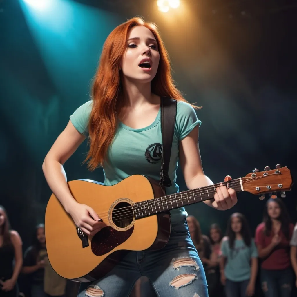 Prompt: Kim Possible singing at concert strumming her acoustic guitar sitting down and strumming her acoustic guitar wearing ripped torn jeans and showing off her skin she is sitting down.