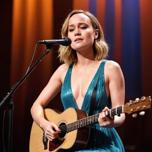 Prompt: (Brie Larson),  singing a ballad in a concert, emotional performance, holding an acoustic guitar, sitting down, wearing revealing slit to the thigh dress (showing off her legs), (tears coming out of her eyes), vibrant colors, warm lighting, (dreamy atmosphere), stage backdrop, cheerful audience, soft focus, detailed facial expression, enchanting surroundings, intense gaze, HD, (whimsical, emotional,vibe).