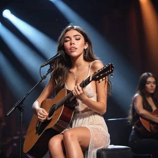 Prompt: (Madison Beer),  singing a ballad in a concert, emotional performance, acoustic guitar, sitting down, wearing revealing slit to the thigh dress (showing off her legs), (tears coming out of her eyes), vibrant colors, warm lighting, (dreamy atmosphere), stage backdrop, cheerful audience, soft focus, detailed facial expression, enchanting surroundings, intense gaze, HD, (whimsical, emotional,vibe).