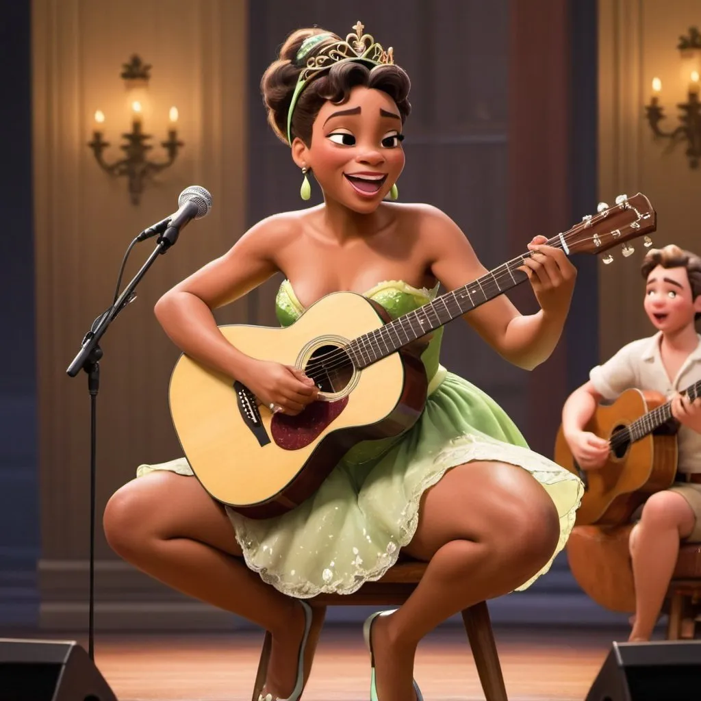 Prompt: Princess Tiana playing guitar and singing in concert wearing shorts and sitting down.