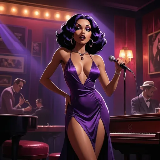 Prompt: Raven from Teen Titans singing in a jazz club as a lounge singer while wearing a revealing slit to the thigh and waist dress sitting down and showing off her legs.