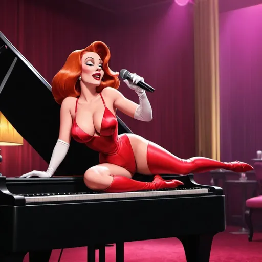 Prompt: Jessica Rabbit as a lounger singer singing in the club while laying on top of piano.