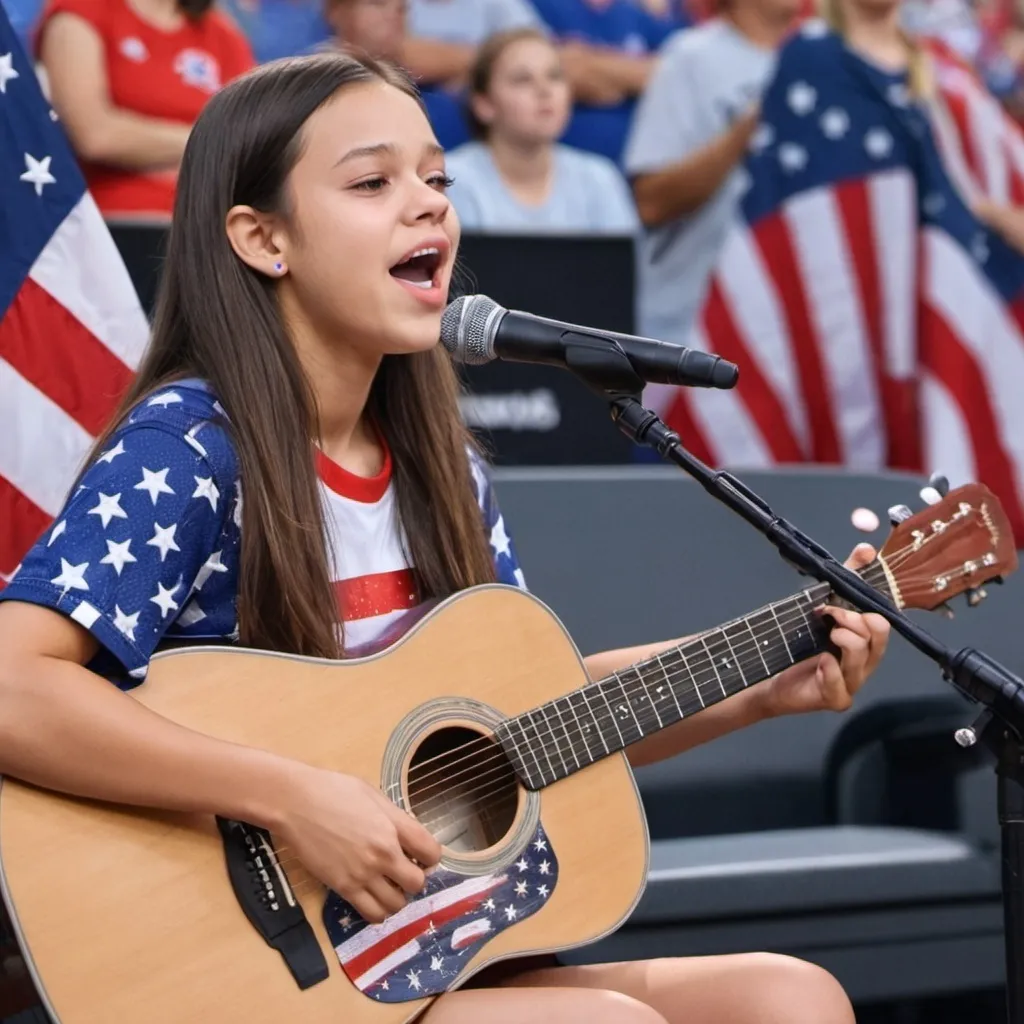 Prompt: Olivia Rodrigo sitting down wearing patriotic shirt singing Star Spangled Banner at sport's game strumming her acoustic guitar and wearing short shorts she is sitting down as she sings.