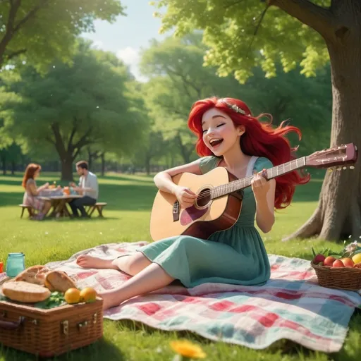 Prompt: (Ariel playing guitar and singing), engaging and cheerful scene, vibrant picnic setting, soft sunlight filtering through trees, green grass sprinkled with colorful picnic blanket, joyful expressions, animated atmosphere, whimsical vibe, lush background with flowers and trees, high detail, 4K quality.