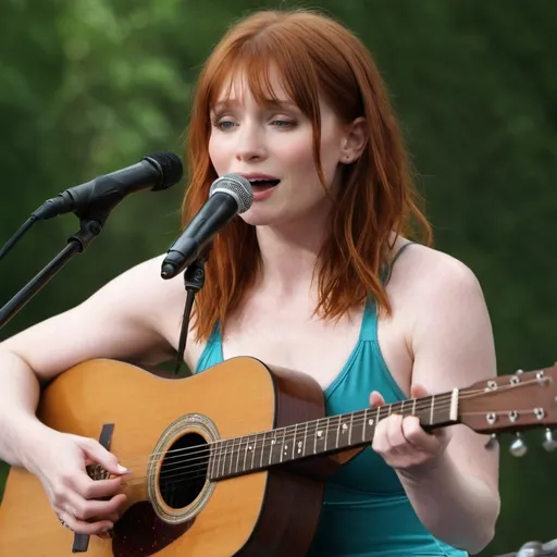 Prompt: Young Bryce Dallas Howard singing in concert wearing swimsuit strumming acoustic guitar she is sitting down