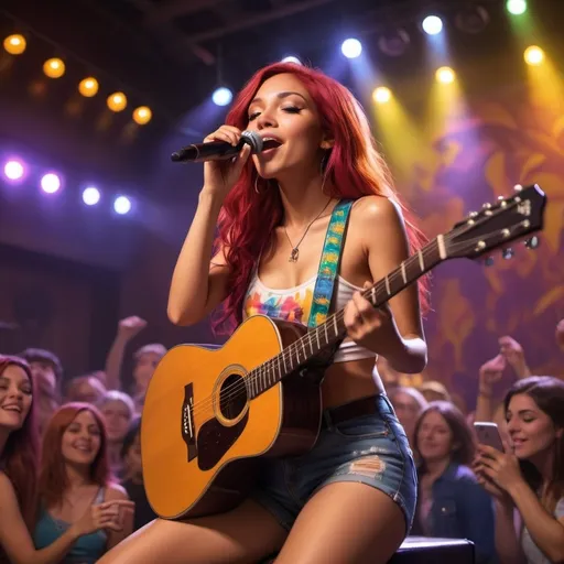 Prompt: Starfire from Teen Titans singing in concert sitting down strumming her acoustic guitar wearing tiny short shorts and showing off her legs she is sitting down.