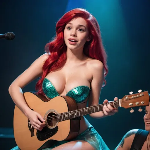 Prompt:  Ariel from The Little mermaid sitting down singing playing acoustic guitar in concert wearing very skimpy and revealing outfit