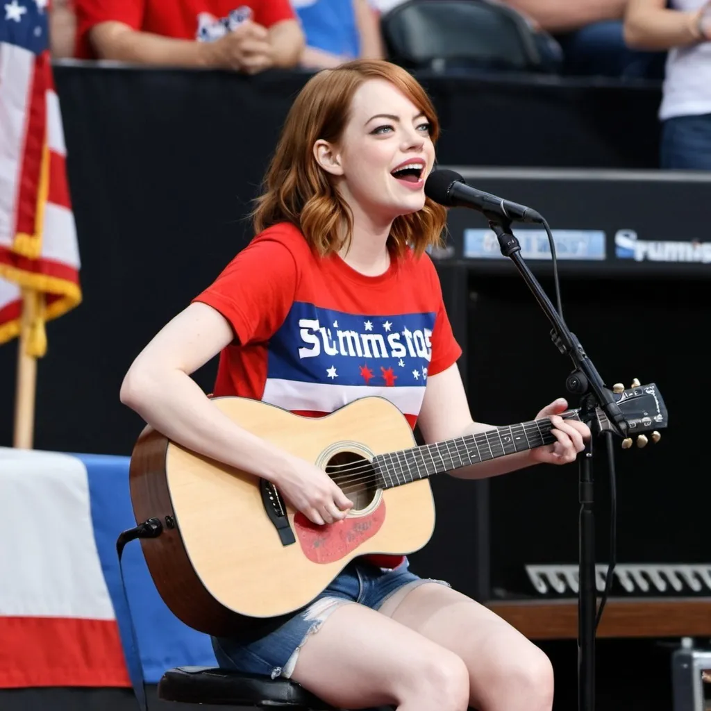 Prompt: Emma Stone sitting down wearing patriotic shirt singing Star Spangled Banner at sport's game strumming her acoustic guitar and wearing short shorts she is sitting down as she sings.