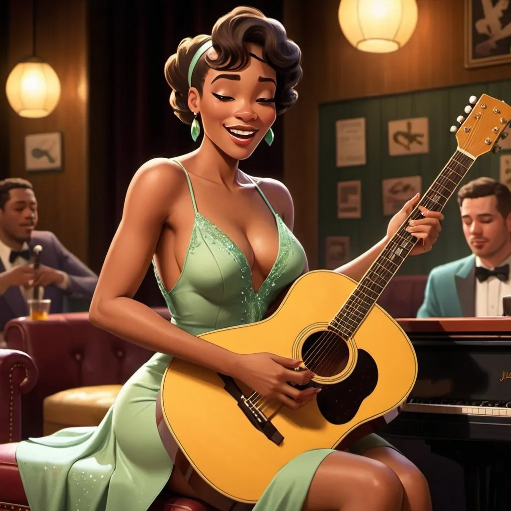 Prompt: Tiana singing as a lounge singer in a jazz club wearing a slit to the thigh dress sitting down and strumming her acoustic guitar and crossing her legs.