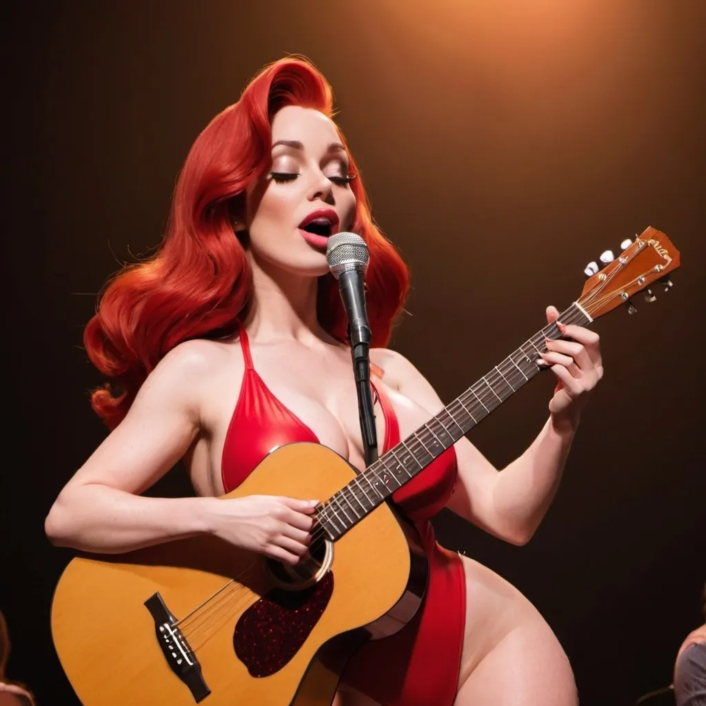 Prompt: Jessica Rabbit singing in concert wearing swimsuit while her acoustic guitar is on her back.