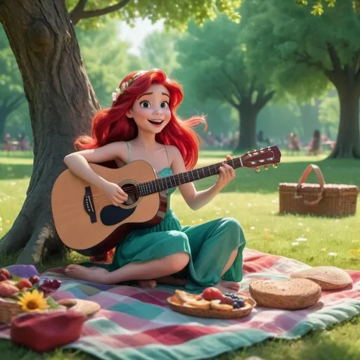 Prompt: (Ariel playing guitar and singing), engaging and cheerful scene, vibrant picnic setting, soft sunlight filtering through trees, green grass sprinkled with colorful picnic blanket, joyful expressions, animated atmosphere, whimsical vibe, lush background with flowers and trees, high detail, 4K quality.