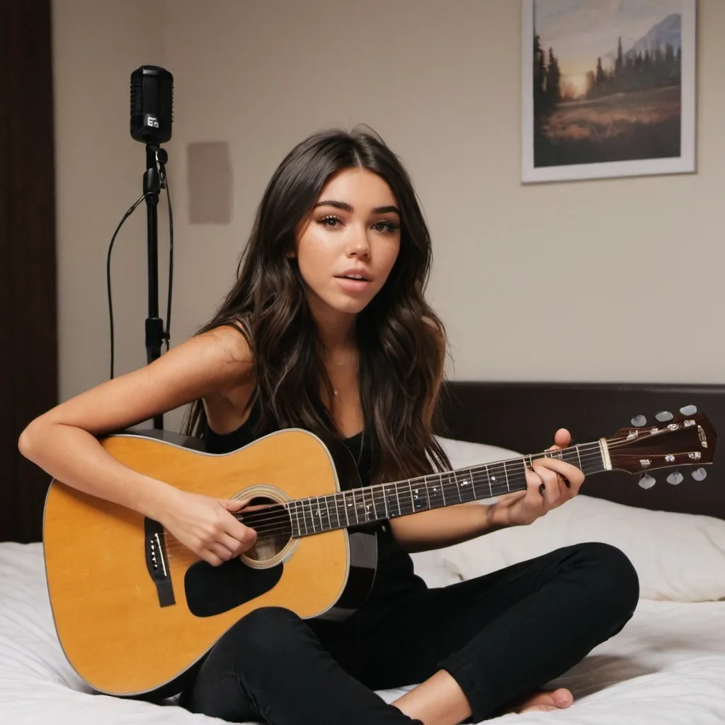 Prompt: Madison Beer sitting on her bed singing a song and strumming her acoustic guitar.