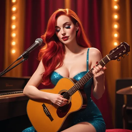 Prompt: (Jessica Rabbit), emotional performance, acoustic guitar, sitting down, (showing off her legs), (tears coming out of her eyes), vibrant colors, warm lighting, (dreamy atmosphere), stage backdrop, cheerful audience, soft focus, detailed facial expression, enchanting surroundings, intense gaze, HD, (whimsical, joyful vibe).