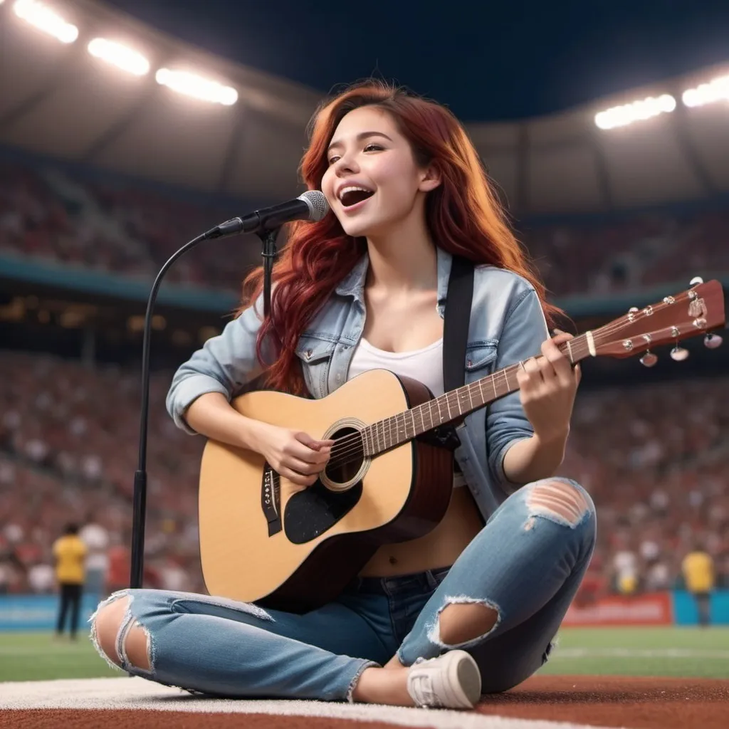 Prompt: Ariel singing US national anthem at sport's stadium sitting down strumming an acoustic guitar and wearing ripped torn jeans showing off her skin. Ariel is sitting down and strumming her acoustic guitar.