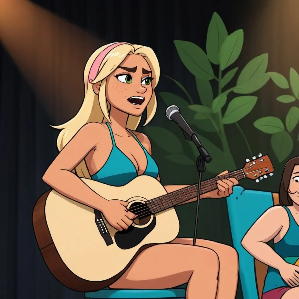 Prompt: Bridgette from Total Drama with blonde hair singing in concert wearing bathing suit sitting down and strumming her acoustic guitar