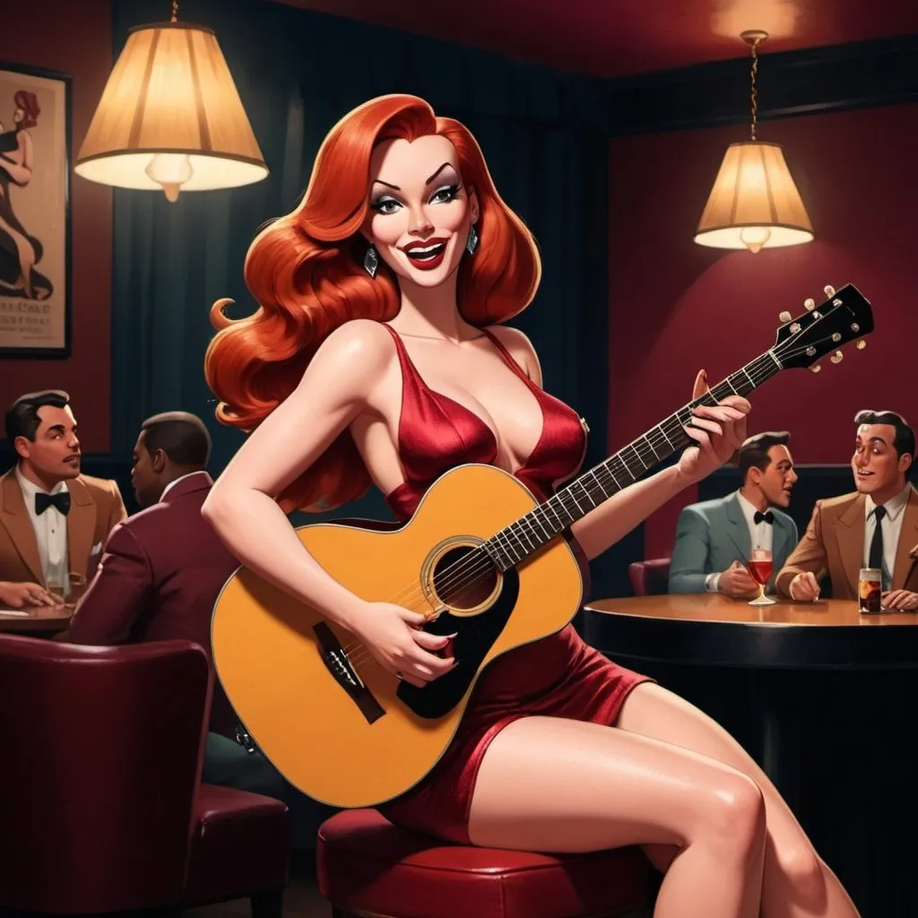 Prompt: Jessica Rabbit singing as a lounge singer in a jazz club wearing a slit to the thigh and waist dress sitting down and strumming her acoustic guitar and crossing her legs.