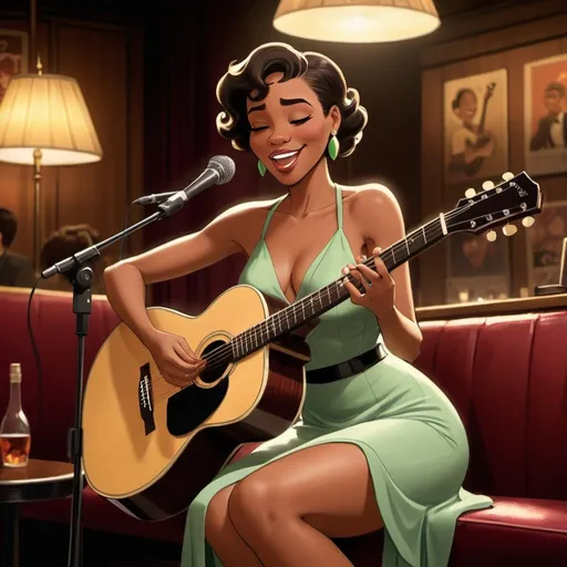 Prompt:  Tiana singing as a lounge singer in a jazz club wearing a slit to the thigh and waist dress sitting down and strumming her acoustic guitar and crossing her legs.