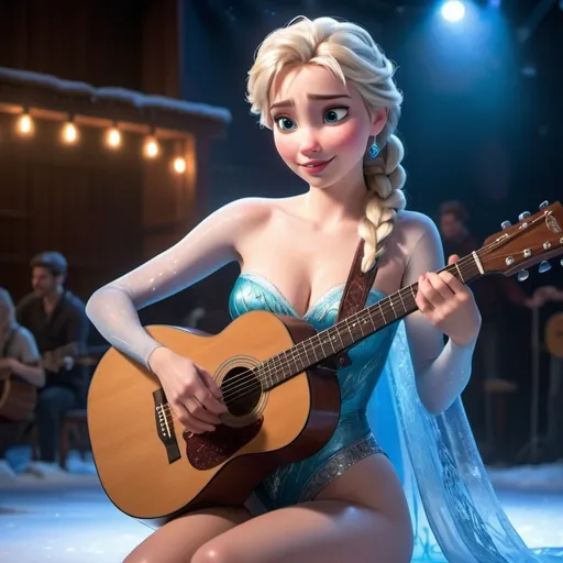 Prompt: Elsa from Frozen singing in concert wearing revealing skimpy speedo sitting down and strumming her acoustic guitar showing off her legs she is sitting down.